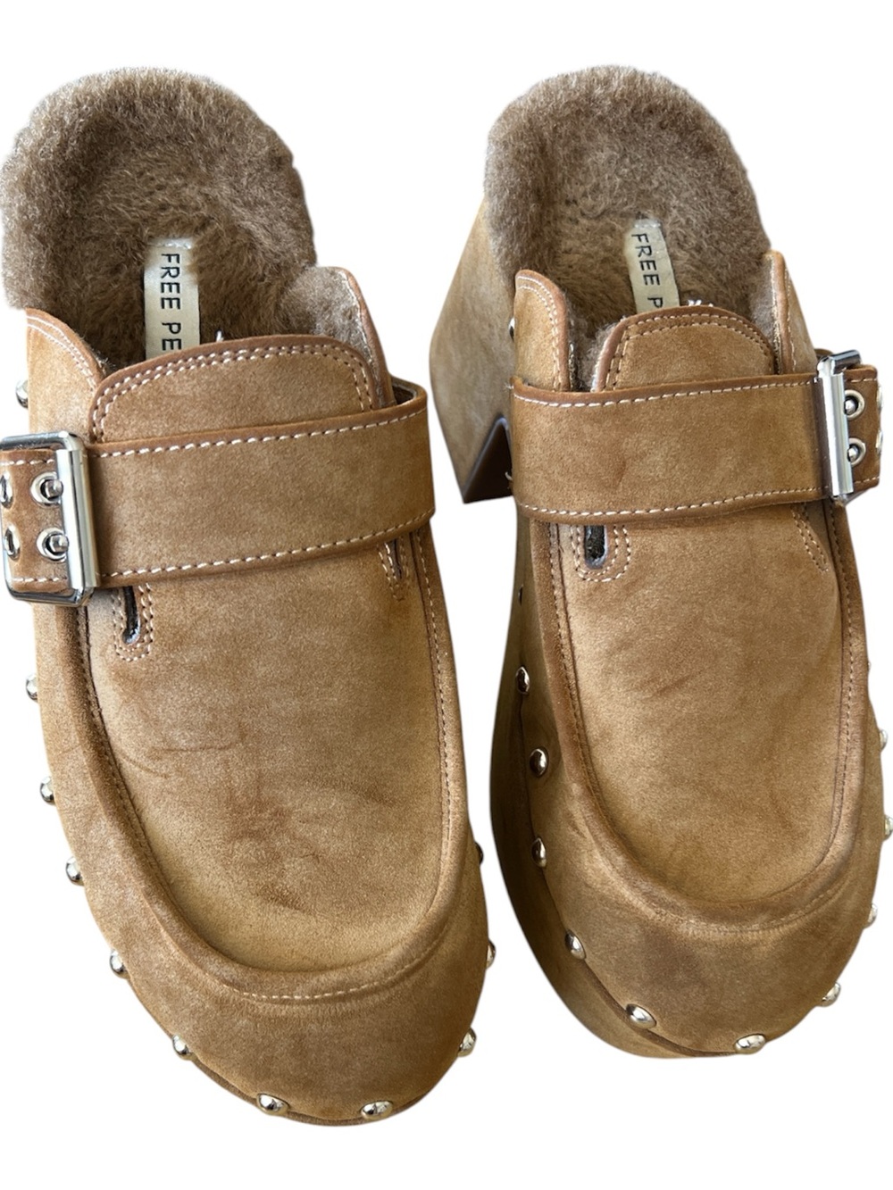 Free People Suede Shearling Studded Clogs Mules Buckle Size 6 - Picture 4 of 9